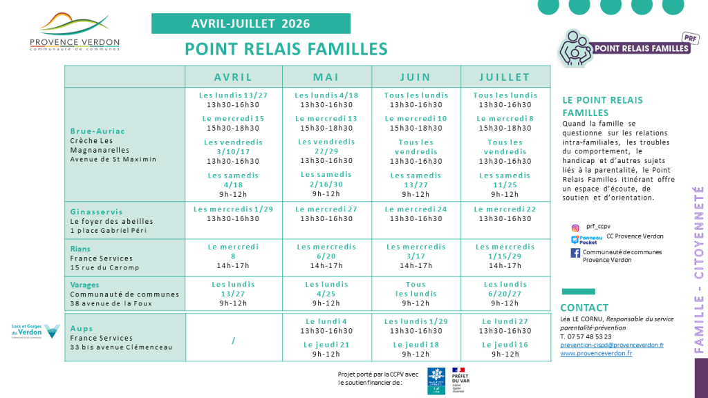 Planning du Point Relais Familles Avril à juillet 2026