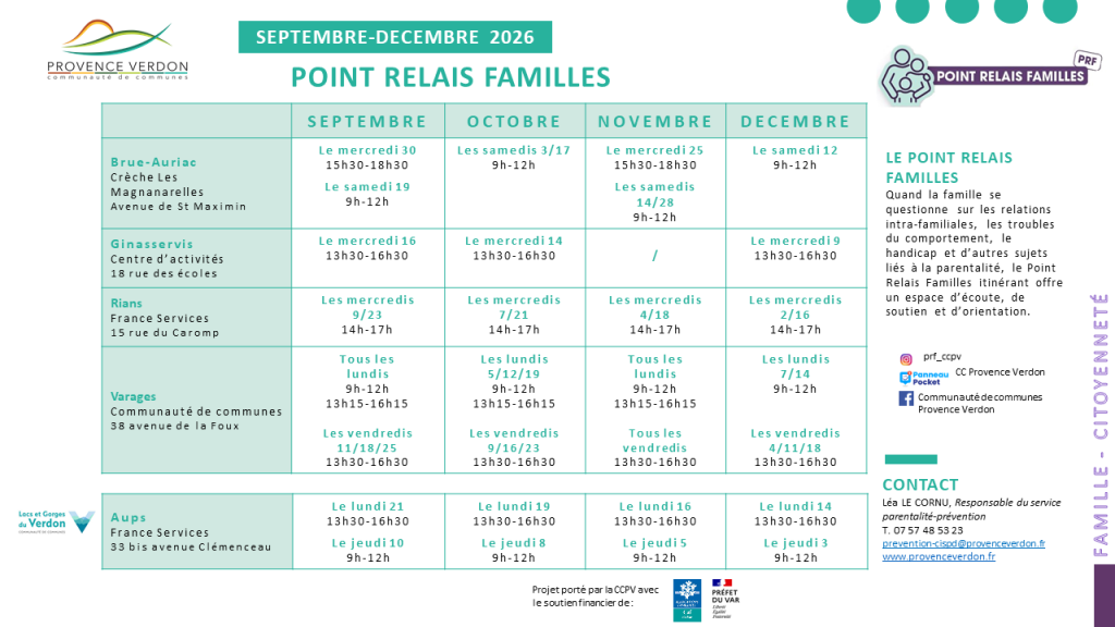 Planning du Point Relais Familles septembre à décembre 2026