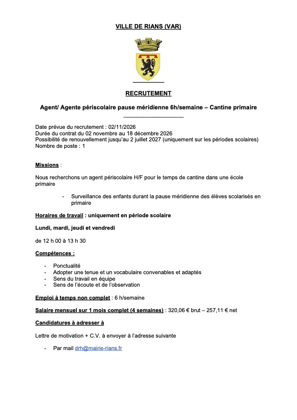 Agent périscolaire cantine primaire 11 2026